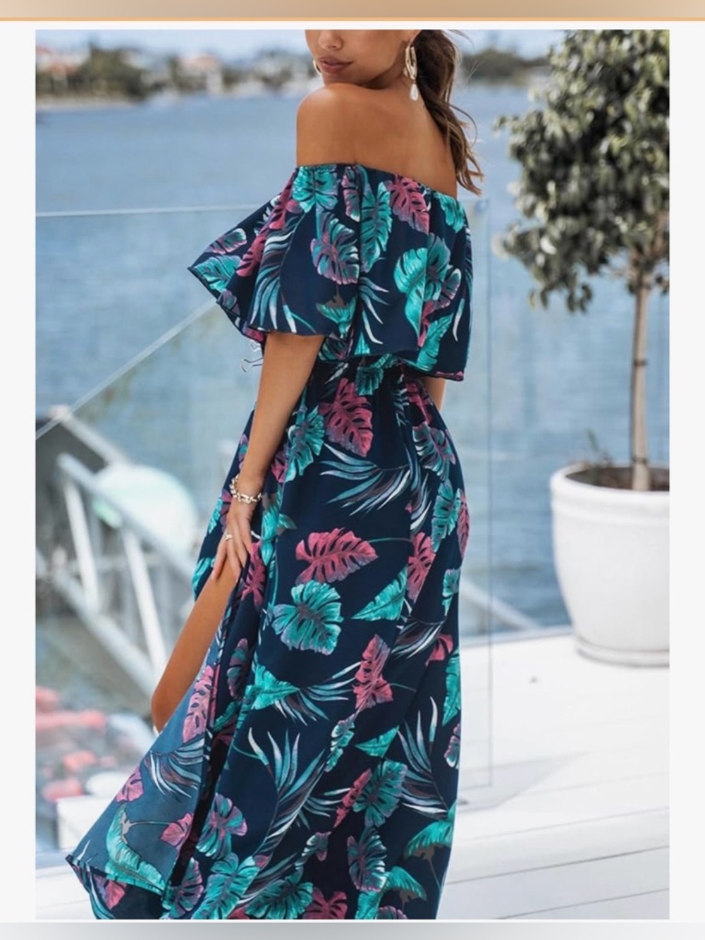 Cupshe Navy Off-Shoulder Tropical Leaf Maxi Dress with Teal & Pink Print - Picture 3 of 6